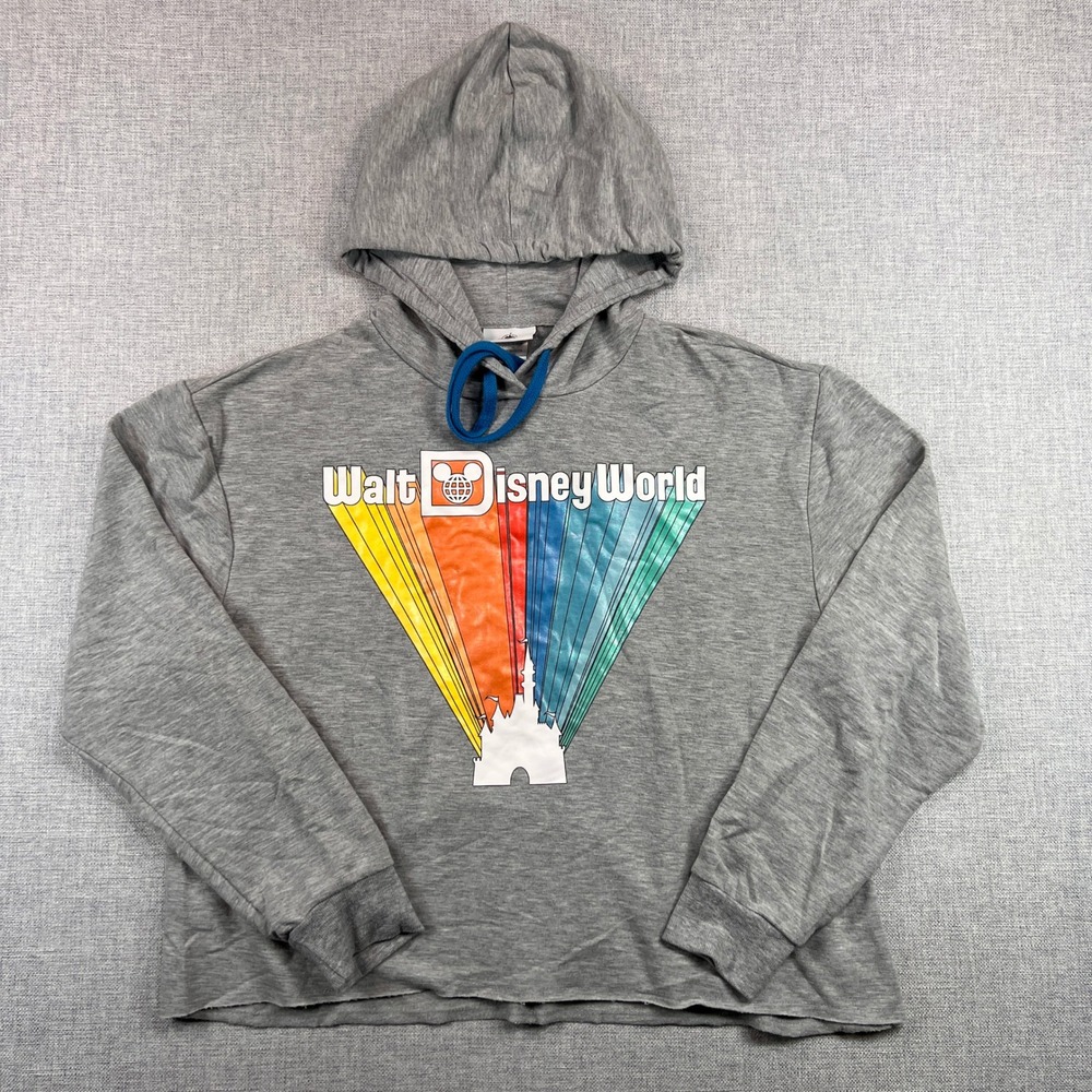 Disney Walt Disney World Rainbow‎ Graphic Hoodie Women L Gray Disneybound Crop